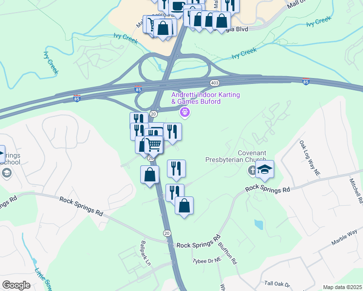 map of restaurants, bars, coffee shops, grocery stores, and more near Unnamed Road in Buford