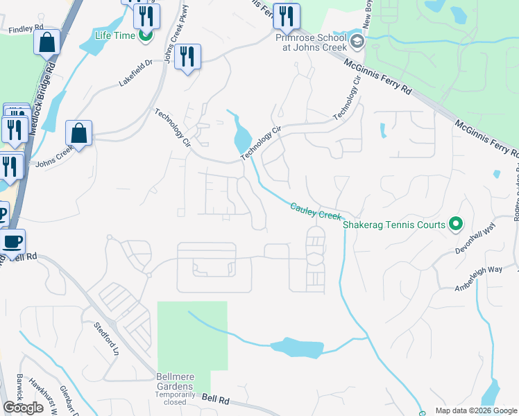 map of restaurants, bars, coffee shops, grocery stores, and more near 11192 Brookhavenclub Drive in Johns Creek