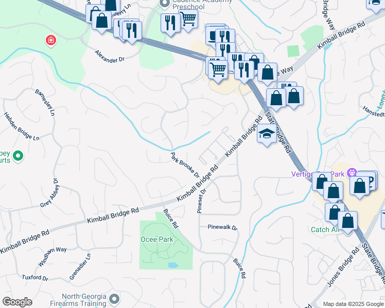 map of restaurants, bars, coffee shops, grocery stores, and more near 4272 Blue House Lane in Alpharetta