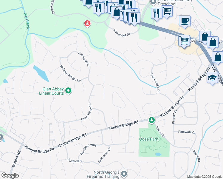 map of restaurants, bars, coffee shops, grocery stores, and more near 3950 Grey Abbey Drive in Alpharetta