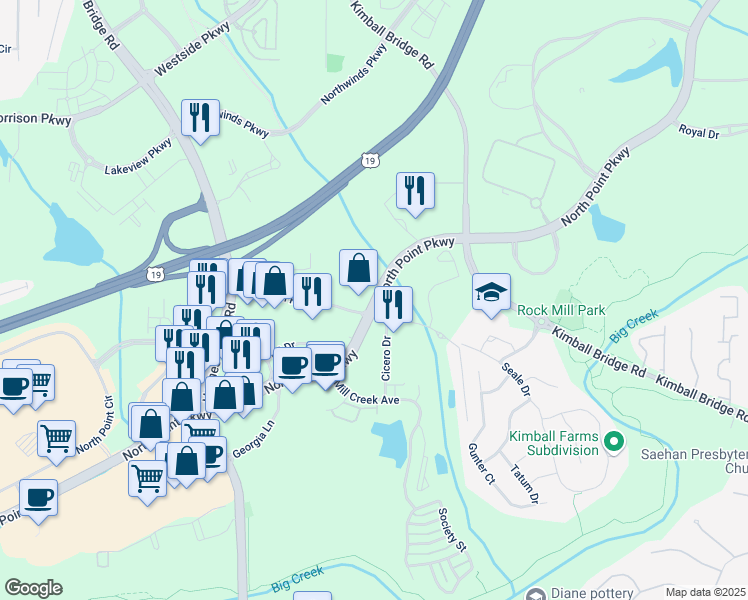 map of restaurants, bars, coffee shops, grocery stores, and more near 5775 North Point Parkway in Alpharetta