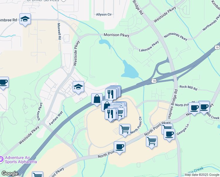 map of restaurants, bars, coffee shops, grocery stores, and more near 600 Duval Drive in Alpharetta