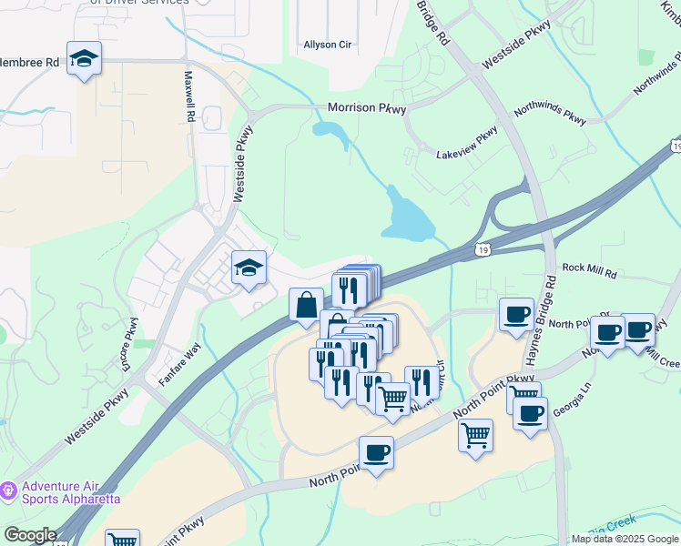 map of restaurants, bars, coffee shops, grocery stores, and more near 495 Duval Drive in Alpharetta