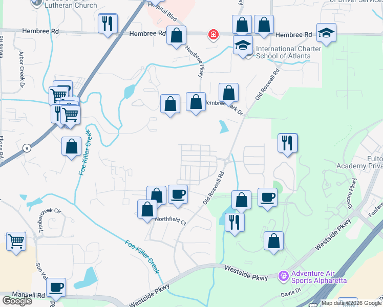 map of restaurants, bars, coffee shops, grocery stores, and more near 1003 Milhaven Drive in Roswell