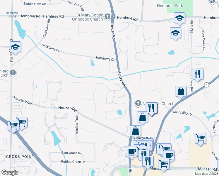 map of restaurants, bars, coffee shops, grocery stores, and more near 540 Ambergate Court in Roswell