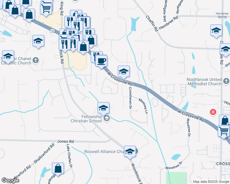 map of restaurants, bars, coffee shops, grocery stores, and more near 1060 Lyndhurst Way in Roswell