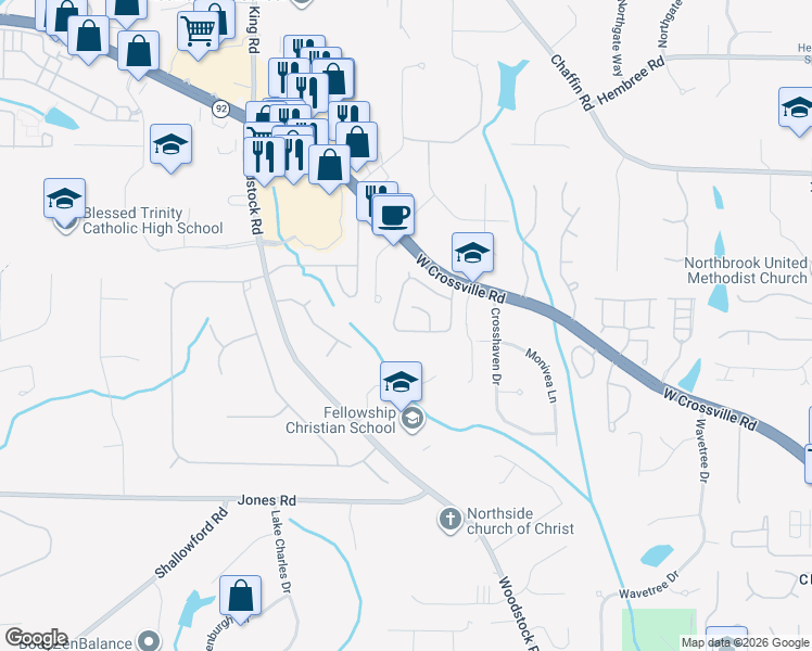 map of restaurants, bars, coffee shops, grocery stores, and more near 1245 Lyndhurst Way in Roswell