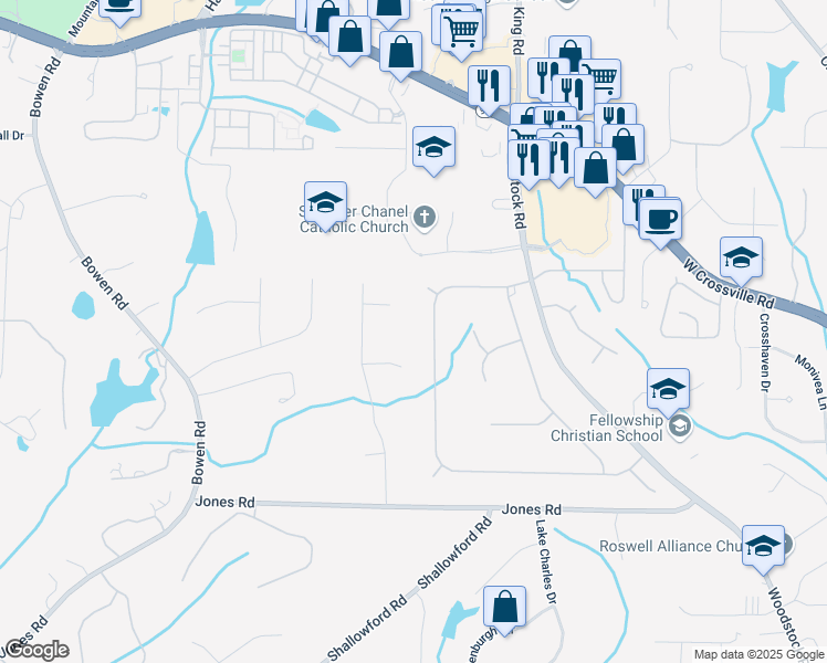 map of restaurants, bars, coffee shops, grocery stores, and more near 3172 Havencroft Drive Northeast in Roswell