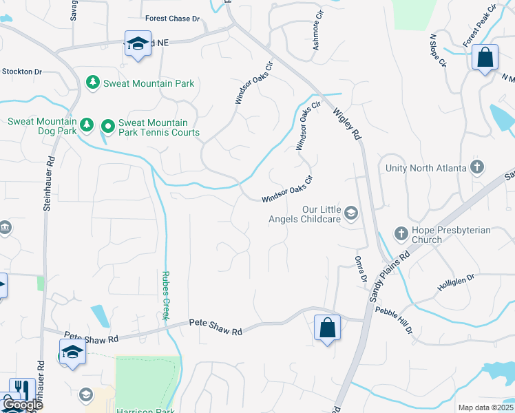 map of restaurants, bars, coffee shops, grocery stores, and more near 4433 Windsor Oaks Circle in Marietta