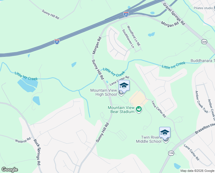 map of restaurants, bars, coffee shops, grocery stores, and more near 2361 Sunny Hill Road Northeast in Buford