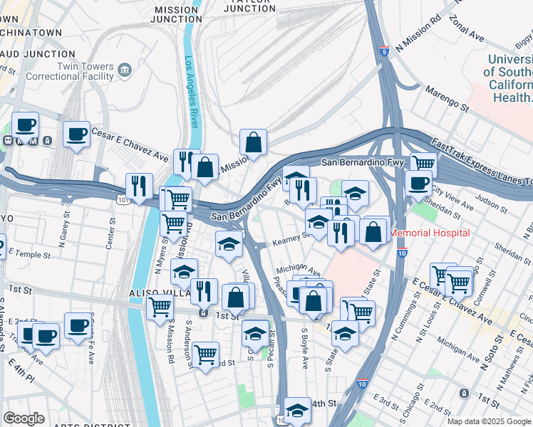 map of restaurants, bars, coffee shops, grocery stores, and more near 1310 East Cesar E Chavez Avenue in Los Angeles