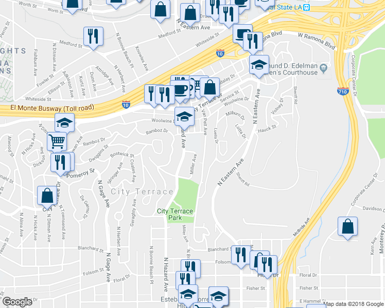 map of restaurants, bars, coffee shops, grocery stores, and more near 1217 Miller Avenue in Los Angeles