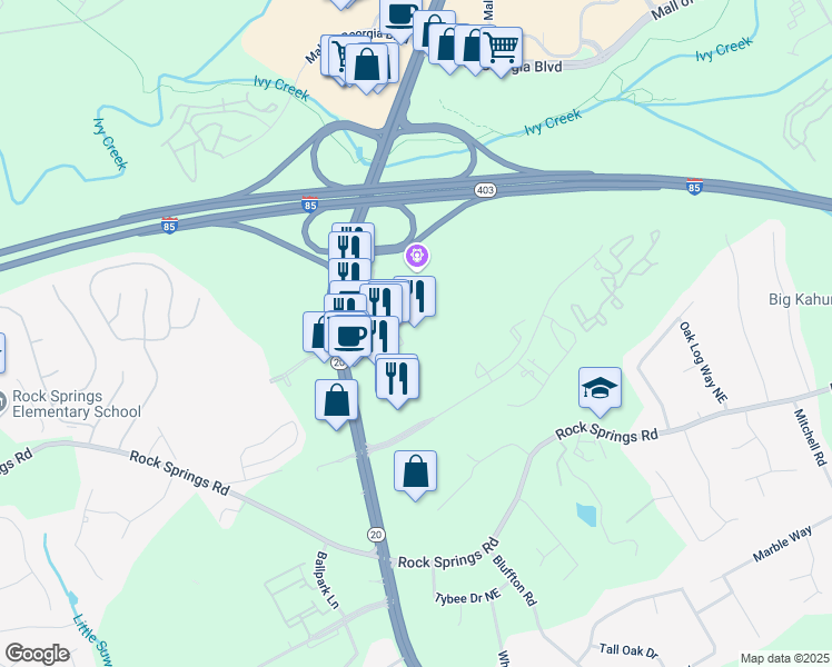 map of restaurants, bars, coffee shops, grocery stores, and more near 2925 Buford Drive in Buford