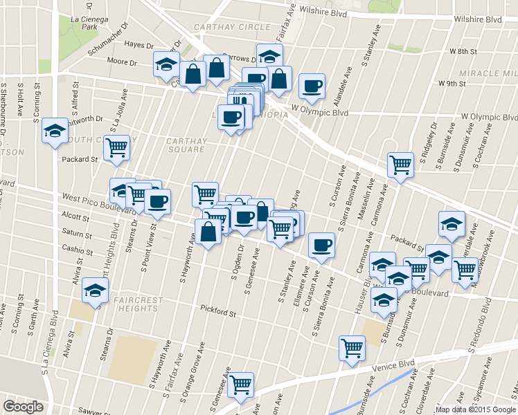 map of restaurants, bars, coffee shops, grocery stores, and more near 1306 South Ogden Drive in Los Angeles