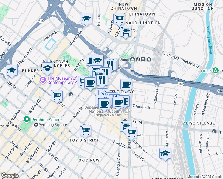 map of restaurants, bars, coffee shops, grocery stores, and more near 180 North Los Angeles Street in Los Angeles