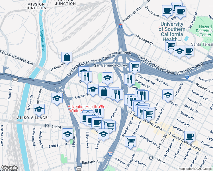 map of restaurants, bars, coffee shops, grocery stores, and more near 605 North Boyle Avenue in Los Angeles