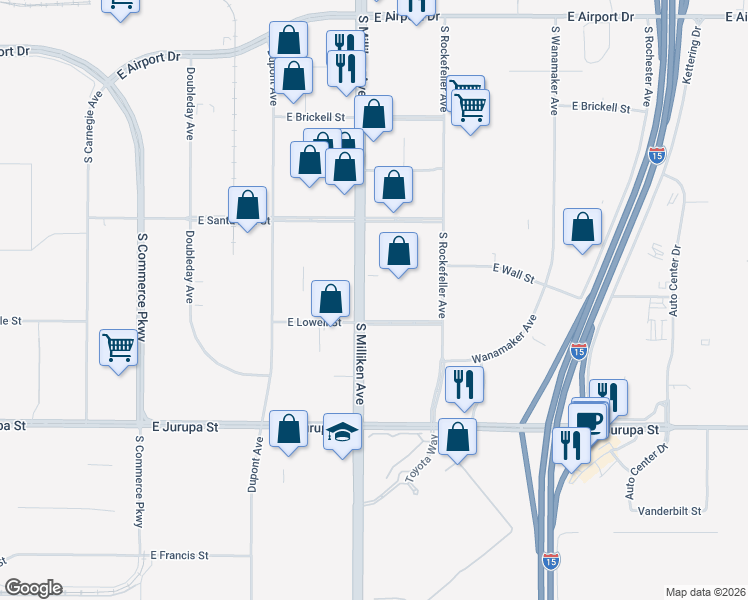 map of restaurants, bars, coffee shops, grocery stores, and more near 1119 South Milliken Avenue in Ontario
