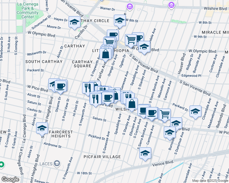 map of restaurants, bars, coffee shops, grocery stores, and more near 1306 South Ogden Drive in Los Angeles