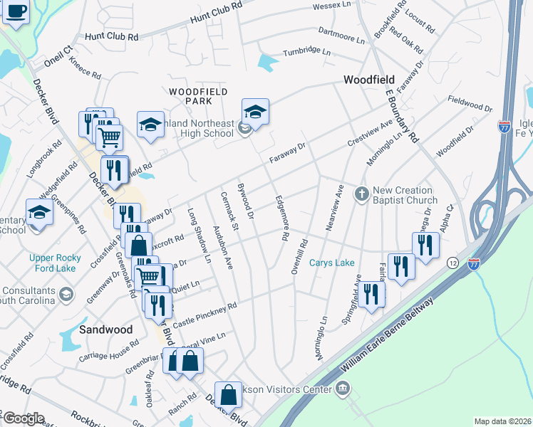 map of restaurants, bars, coffee shops, grocery stores, and more near 1514 Wynnewood Road in Columbia