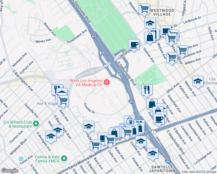 map of restaurants, bars, coffee shops, grocery stores, and more near 11301 Wilshire Boulevard in Los Angeles