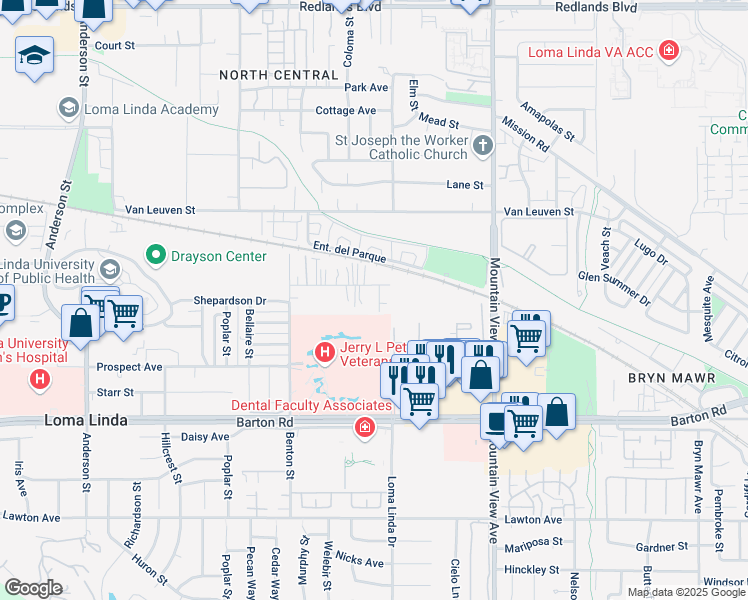 map of restaurants, bars, coffee shops, grocery stores, and more near 11072 Willis Drive in Loma Linda