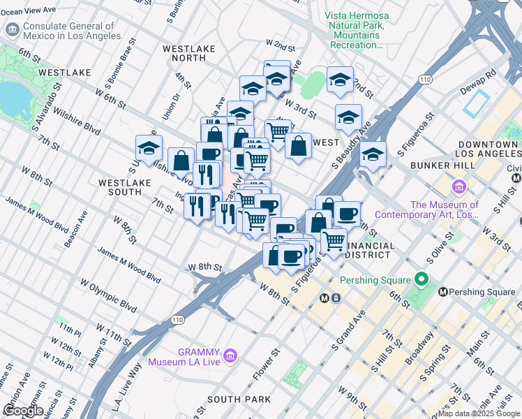 map of restaurants, bars, coffee shops, grocery stores, and more near 629 South Bixel Street in Los Angeles