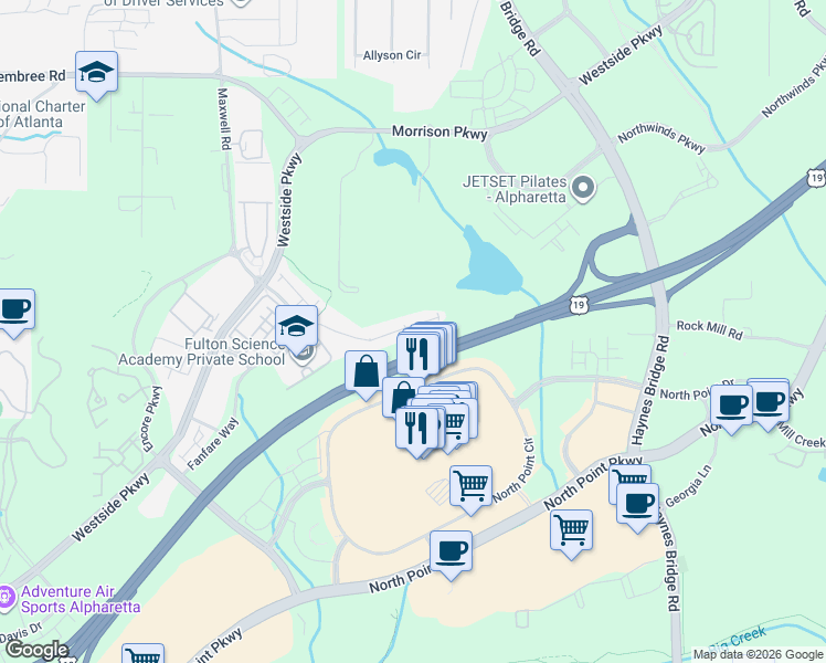 map of restaurants, bars, coffee shops, grocery stores, and more near 600 Duval Drive in Alpharetta