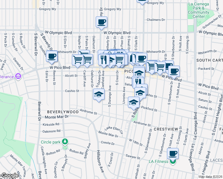 map of restaurants, bars, coffee shops, grocery stores, and more near 1481 South Crest Drive in Los Angeles