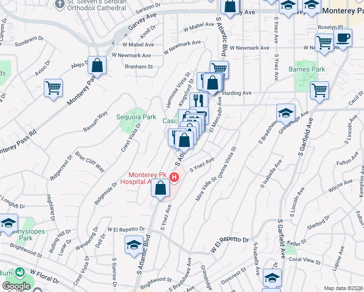 map of restaurants, bars, coffee shops, grocery stores, and more near 751 South Atlantic Boulevard in Monterey Park