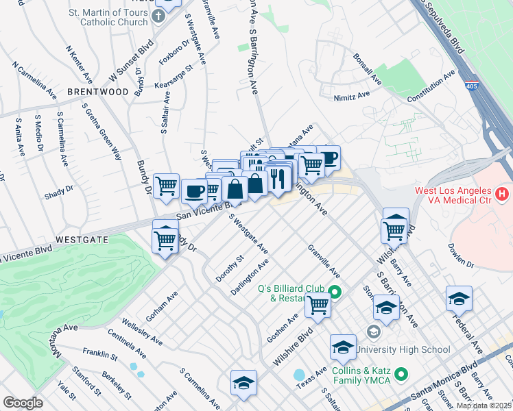 map of restaurants, bars, coffee shops, grocery stores, and more near 814 South Westgate Avenue in Los Angeles