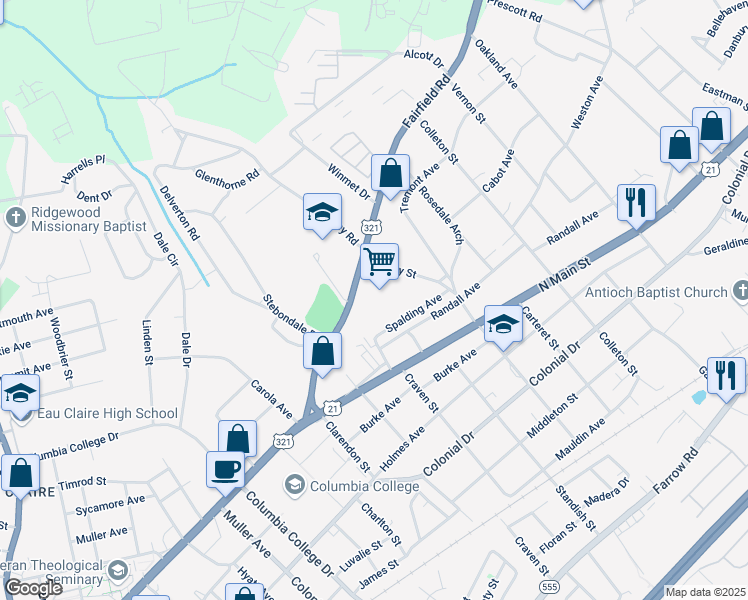 map of restaurants, bars, coffee shops, grocery stores, and more near 5128 Fairfield Road in Columbia