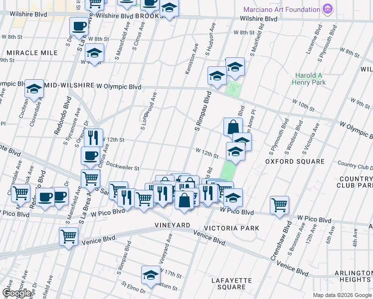 map of restaurants, bars, coffee shops, grocery stores, and more near 1172 South Hudson Avenue in Los Angeles