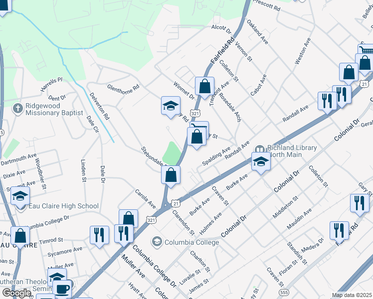 map of restaurants, bars, coffee shops, grocery stores, and more near 5118 Fairfield Road in Columbia