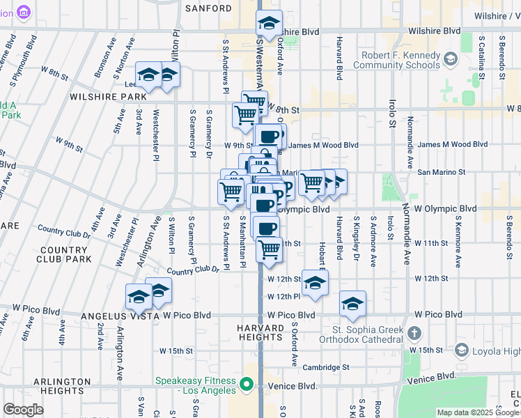 map of restaurants, bars, coffee shops, grocery stores, and more near S Western Ave & W Olympic Blvd in Los Angeles