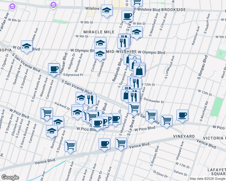 map of restaurants, bars, coffee shops, grocery stores, and more near 1210 South Redondo Boulevard in Los Angeles