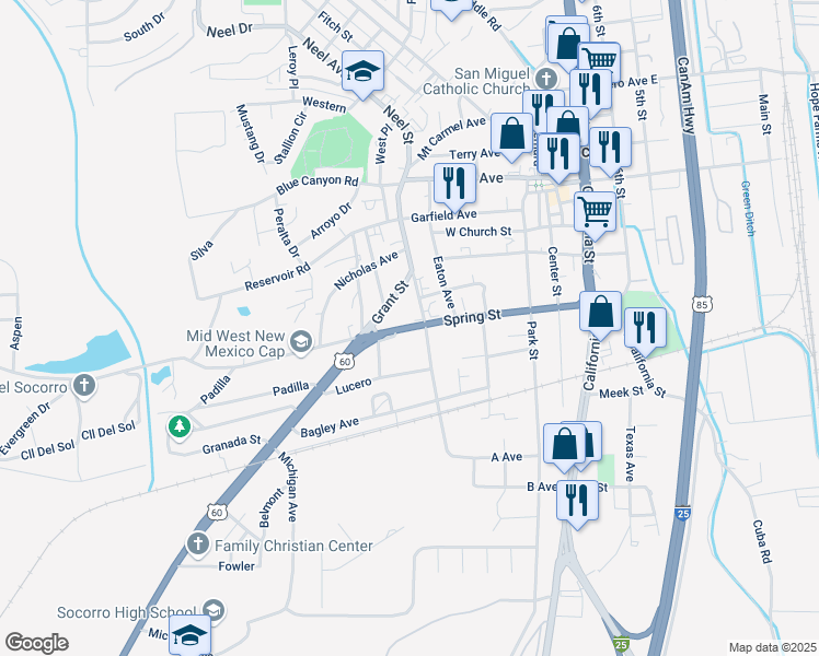 map of restaurants, bars, coffee shops, grocery stores, and more near 601-607 Spring St in Socorro