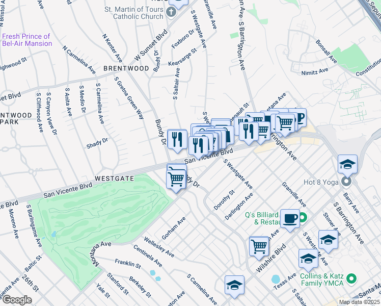 map of restaurants, bars, coffee shops, grocery stores, and more near 644 South Saltair Avenue in Los Angeles
