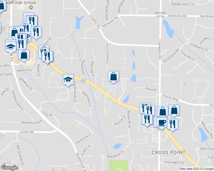map of restaurants, bars, coffee shops, grocery stores, and more near 1213 Fairfax Way in Roswell