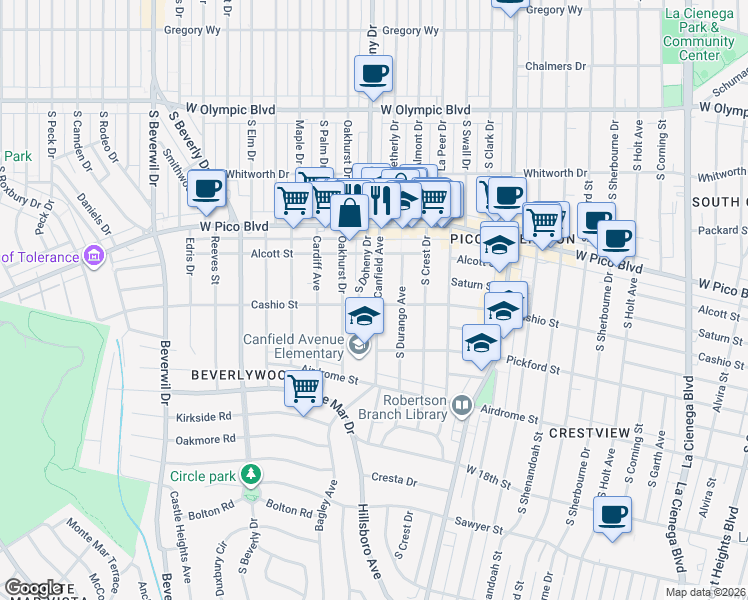 map of restaurants, bars, coffee shops, grocery stores, and more near 1474 South Canfield Avenue in Los Angeles