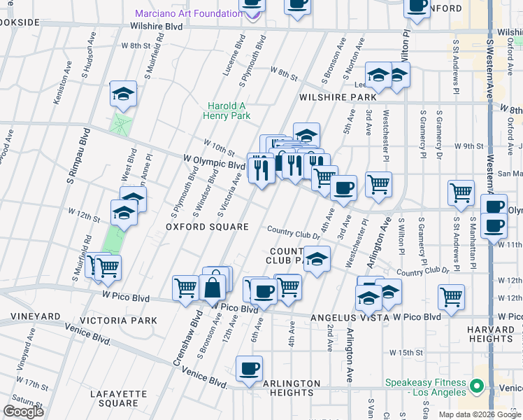 map of restaurants, bars, coffee shops, grocery stores, and more near 4102 Country Club Drive in Los Angeles