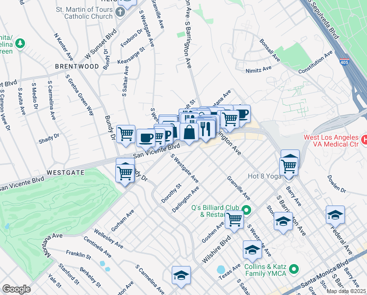 map of restaurants, bars, coffee shops, grocery stores, and more near 814 South Westgate Avenue in Los Angeles