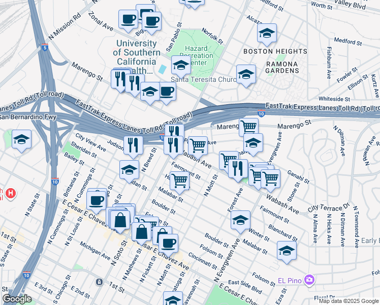 map of restaurants, bars, coffee shops, grocery stores, and more near 2461 Wabash Avenue in Los Angeles