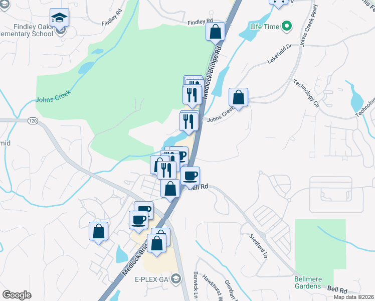 map of restaurants, bars, coffee shops, grocery stores, and more near 11132 Johns Creek Parkway in Johns Creek