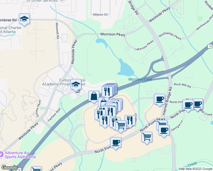 map of restaurants, bars, coffee shops, grocery stores, and more near 600 Duval Drive in Alpharetta
