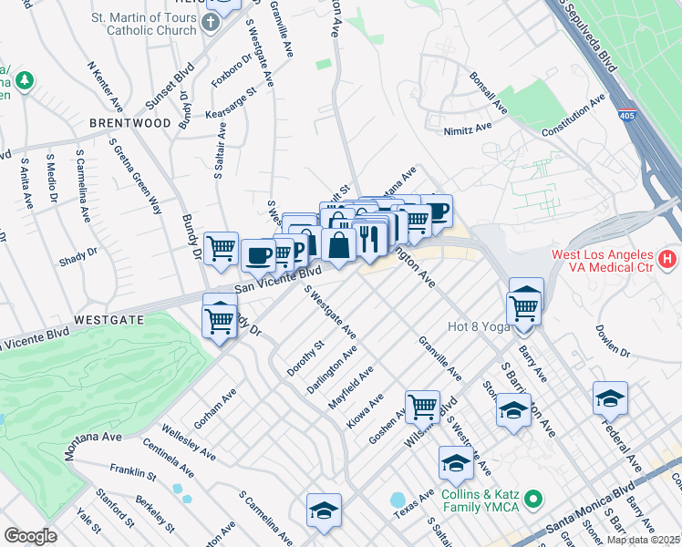 map of restaurants, bars, coffee shops, grocery stores, and more near 11812 San Vicente Boulevard in Los Angeles