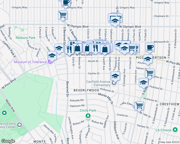 map of restaurants, bars, coffee shops, grocery stores, and more near 1489 Rexford Drive in Los Angeles