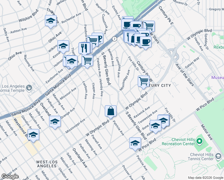 map of restaurants, bars, coffee shops, grocery stores, and more near 2025 South Beverly Glen Boulevard in Los Angeles