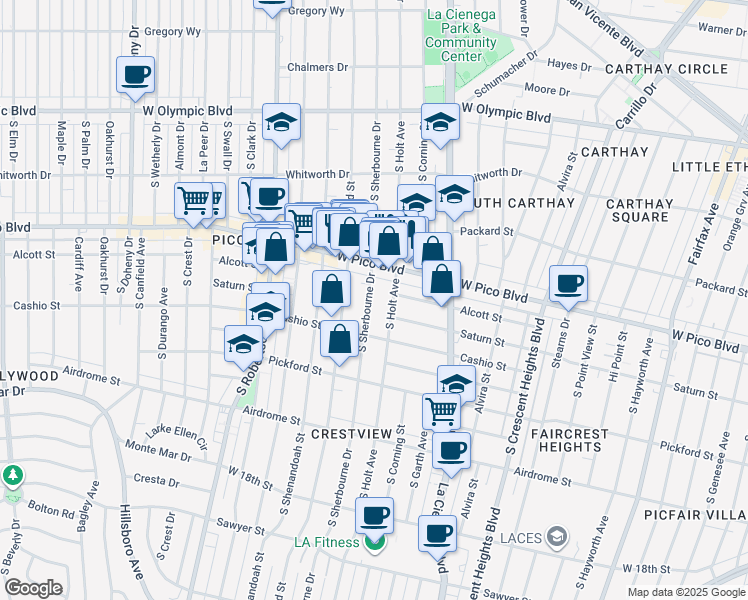 map of restaurants, bars, coffee shops, grocery stores, and more near 1431 South Sherbourne Drive in Los Angeles