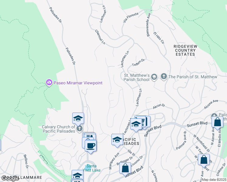 map of restaurants, bars, coffee shops, grocery stores, and more near 16909 Scenic Place in Los Angeles