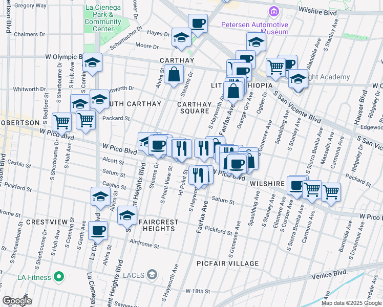 map of restaurants, bars, coffee shops, grocery stores, and more near 1236 Hi Point Street in Los Angeles